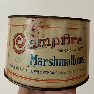 RARE SIZE Original Vintage CAMPFIRE MARSHMALLOWS TIN 12 OUNCES - 3.5” x 5.5”
